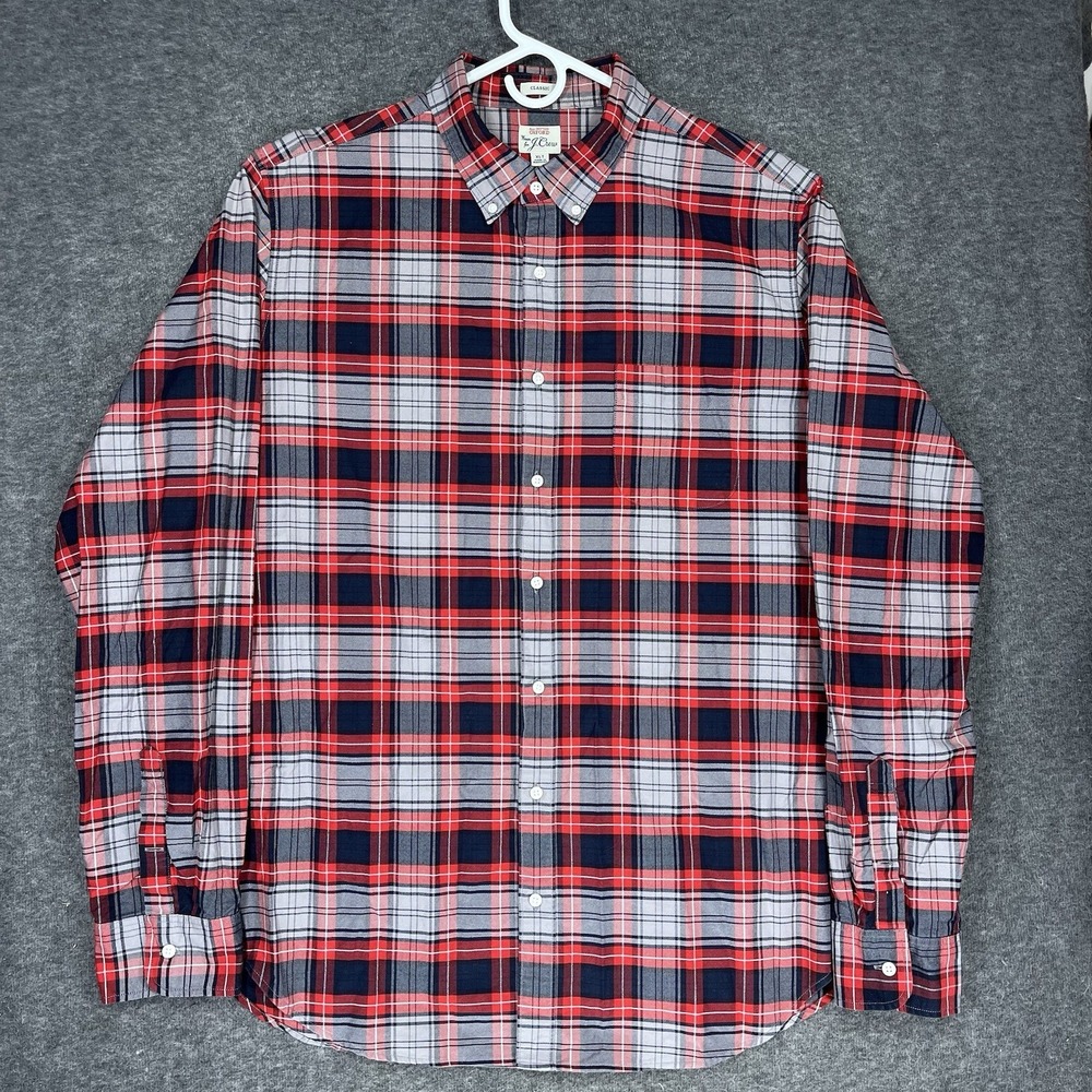 J.Crew Shirt Mens XLT Red Gray Black Plaid Oxford OCBD Long Sleeve
